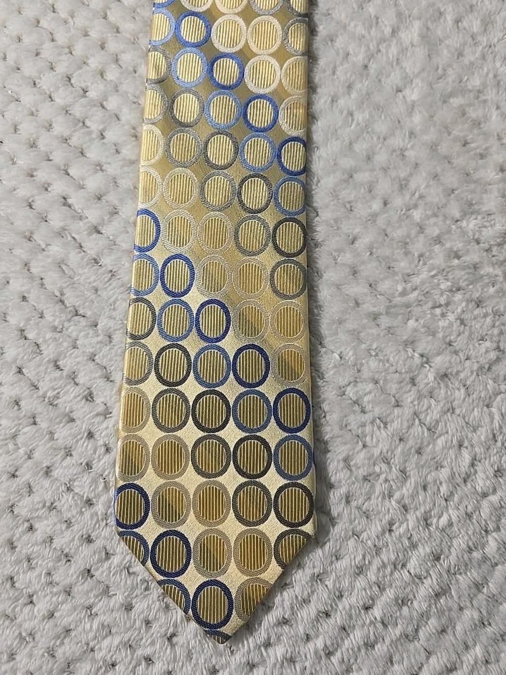 Michael Kors Men's Woven Silk Tie Gold Blue Gray Geometric Circle Pattern
